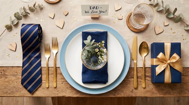 Fathers day dinner table setting with a blue necktie a gift box and a plate with a card that says Dad We Love You for a celebration meal at home on a rustic wooden dining table top view