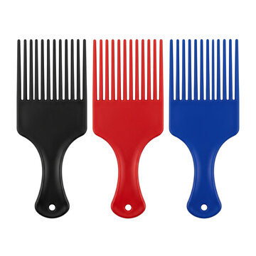 Set of Three Afro Combs in Black, Red, and Blue on White Background