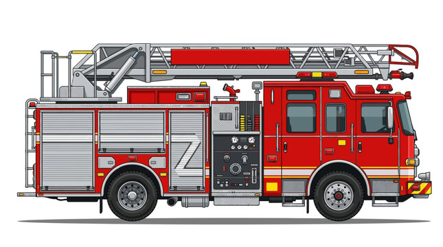 A bright red fire engine with an extended ladder is displayed in a detailed side view, set against a clean white background to highlight its emergency equipment and service readiness