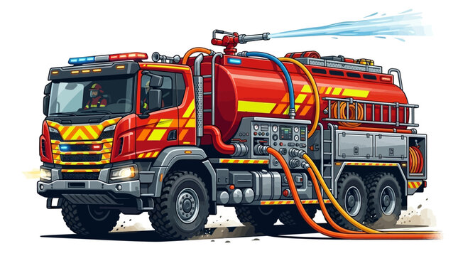 Illustration of a vibrant red and yellow fire truck spraying water with a ladder rack on its side, set against a clean white background, showing a detailed and cartoonish style