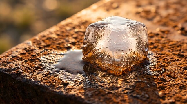 A crystal prism of ice slowly surrendering its form to the golden warmth on a bed of ancient rust, a profound metaphor for the fragile transience of life amidst industrial decay.