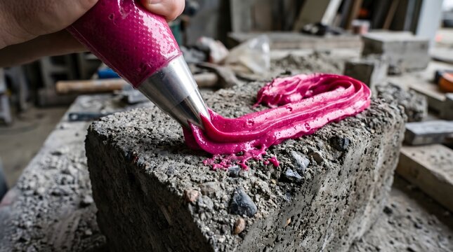 A hand pipes vibrant pink frosting onto a cold concrete block, a visual metaphor for the softening of industrial reality with the sweetness of creativity and delicate artifice.