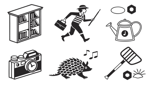 Vector illustration of a miscellaneous collection of daily life object icons with bookshelf, watering