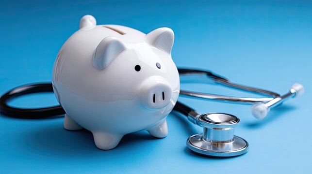 White piggy bank with medical stethoscope, health insurance and medical savings, financial concept of medical expense planning