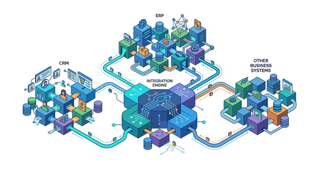 Isometric vector illustration of a central integration engine hub connecting CRM, ERP, and other business systems using detailed data flow pipelines and geometric software modules.