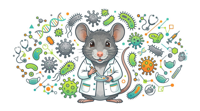 Cartoon illustration of a gray mouse wearing a lab coat and holding a petri dish, surrounded by viruses and bacteria against a white background, conveying a scientific and whimsical tone