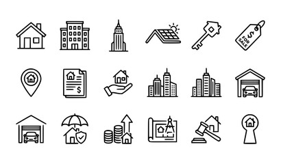 Fototapeta premium Real Estate and Property Line Icon Set Featuring Houses, Skyscrapers, Keys, Mortgages, and Insurance Symbols for Banking, Architecture, Residential Sales, and Urban Development