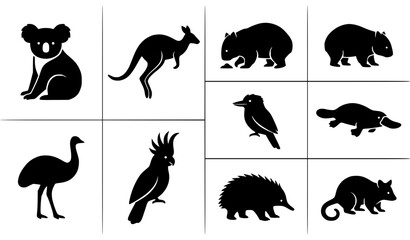 Australian Wildlife Silhouette Icon Set Featuring Kangaroo, Koala, Emu, Platypus, and Wombat for Nature Documentaries, Zoo Education, Tourism, and Australian Outback Graphic Designs © MSTROTNA
