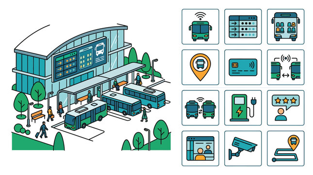 Modern bus station terminal vector illustration featuring public transit buses, passengers, and 12 transportation icons for scheduling, digital payments, and EV charging stations.