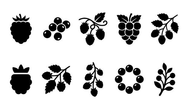Black Silhouette Berry Icon Set Featuring Raspberries, Blackberries, Blueberries, and Grapes for Food Packaging, Healthy Lifestyle Blogs, Organic Farming, and Juice Product Labeling Designs