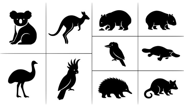 Australian Wildlife Silhouette Icon Set Featuring Kangaroo, Koala, Emu, Platypus, and Wombat for Nature Documentaries, Zoo Education, Tourism, and Australian Outback Graphic Designs