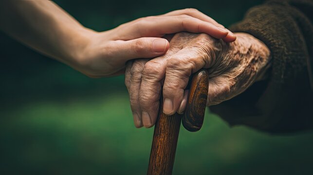 Young hand gently supporting elderly hand holding cane, respect for elders care companionship and elderly care, warm family affection public welfare humanistic close‑up