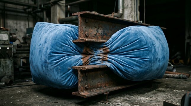 A heavy pair of rusted iron girders constricts a soft blue velvet cushion, a stark metaphor for the crushing pressure of industrial might against human comfort and vulnerability.