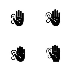 Obraz premium Collection of four black silhouette featuring a human ear and an open palm hand gesture representing listening or hearing on a white background