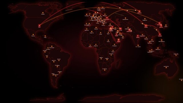 Red glowing world map with trajectory network connection line