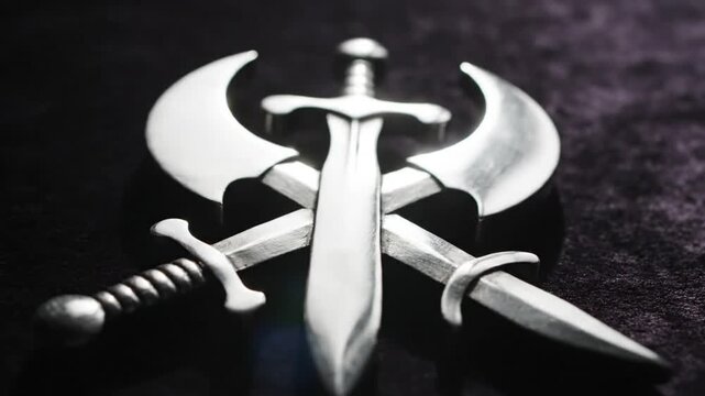 Symbolic Arrangement of Three Swords with an Axe on a Dark Textured Surface Representing Power and Strength