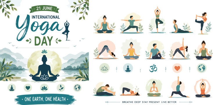International Yoga Day vector set, 21 June celebration banner with yoga poses, flat illustration of people practicing mindfulness and meditation