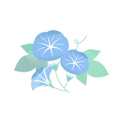 Obraz premium 青い朝顔とグリーンリーフの水彩風 涼しげな夏イラスト