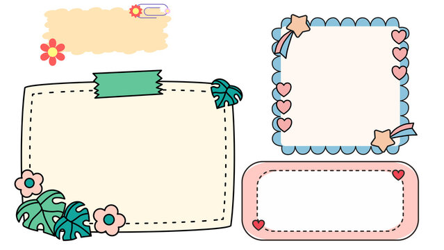 Cute and colorful scrapbook elements with decorative borders, leaves, and hearts for crafting and journaling