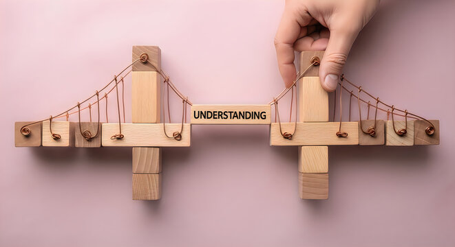 Building a bridge of understanding with wooden blocks and wire, symbolizing connection and communication