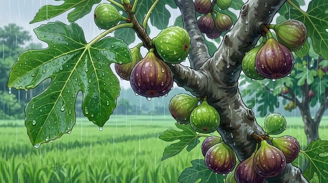Fresh Green Fig Fruits Hanging on Branch with Rain Drops in Orchard, Cartoon Illustration of Ficus Carica Tree with Lush Leaves and Misty Garden Background