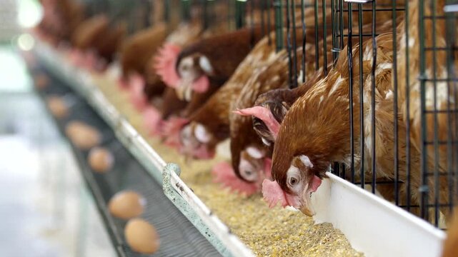 Brown laying hens feeding in cages on poultry farm
