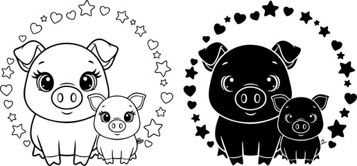 pig family illustration with hearts and stars black and white line art © Jawad