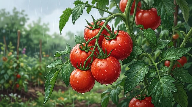 Close-up of wet tomatoes on a vine with water droplets during rainfall, captured as a detailed cell-shaded animation asset.
