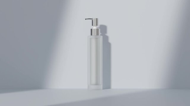luxury metallic silver pump bottle promo Video, frost glass cosmetic product studio lighting, skincare lotion packaging mockup video, 4K skincare packaging render