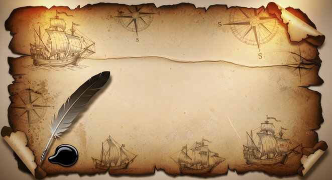 Vintage parchment scroll featuring sailing ships, compasses, quill pen, and inkwell, evoking historical adventure and exploration themes.