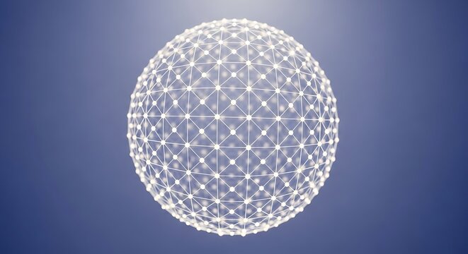 Geometric wireframe sphere with grid lines on purple background