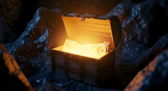 An open treasure chest glows with golden light, revealing a map and a vintage compass inside.
