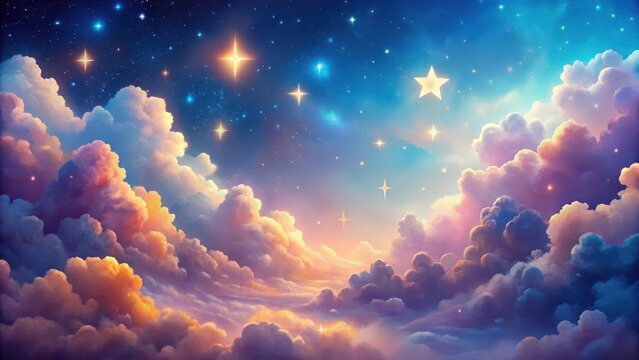 Pastel colorful clouds and stars in gradient night sky perfect for kids designs