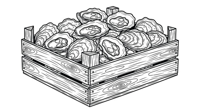 Vintage oyster crate illustration black and white woodcut style