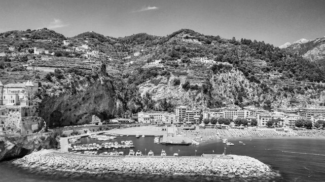 Drone view of Maiori and Minori beach towns along Mediterranean coastline