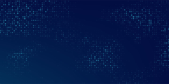 Futuristic tech background with digital pixel matrix pattern on dark blue background. Abstract backdrop for FinTech presentation, blockchain concept, website or data interface. Vector illustration.