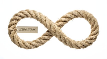 Obraz premium Natural textured rope forms an infinity symbol with a 'circular economy' tag, professionally presented against a clean white background for business visuals.