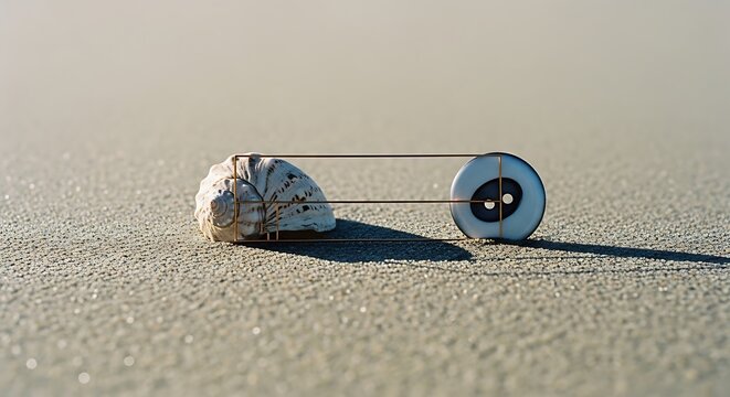 Seashell and button with golden ratio overlay on sand at sunset