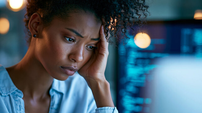 Close-up of a woman frustrated by a critical error message on a computer screen, IT error concept, frustrated user photography, system error visualization, defocused background,