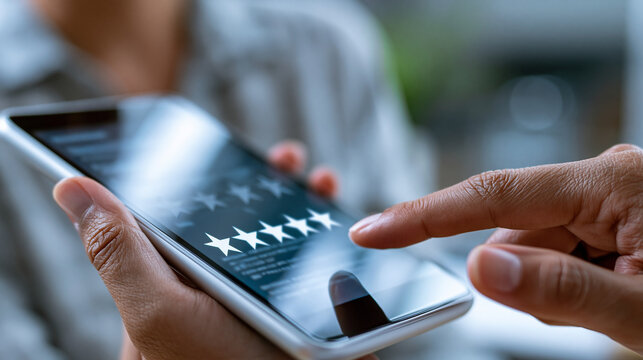 Close-up of a user giving a star rating on an online application representing customer satisfaction, feedback survey concept, star rating app photography, user review