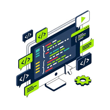 Computer screen showing coding snippets and icons