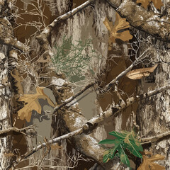 RealTree and Mossy Oak style hyper realistic real tree camouflage seamless pattern with bark branches and leaves print ready 300 dpi for hunting gear © Ehtisham