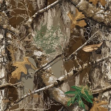 RealTree and Mossy Oak style hyper realistic real tree camouflage seamless pattern with bark branches and leaves print ready 300 dpi for hunting gear