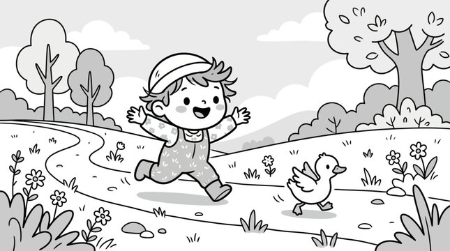 Happy little boy running with duck.