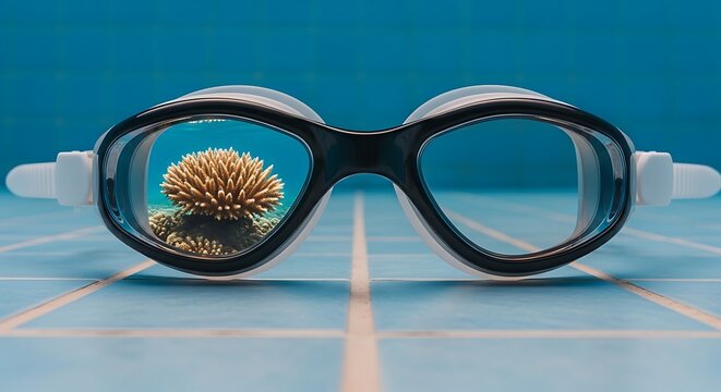 Underwater coral reef reflected in swimming goggles on a tiled pool deck