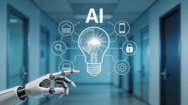 Futuristic robotic hand interacting with virtual interface showing light bulb with brain inside and AI text, surrounded by icons for cloud computing security mobile phone settings