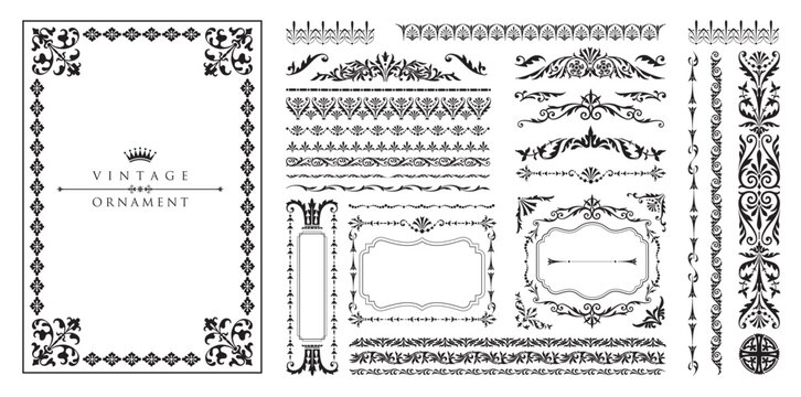 Elegant vintage baroque ornament collection with luxurious floral frames, Victorian borders and decorative flourishes perfect for invitations and branding.