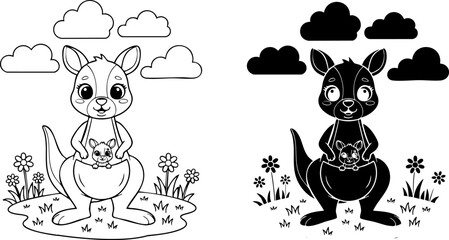 kangaroo with joey illustration black and white line drawing with flowers and clouds © Jawad
