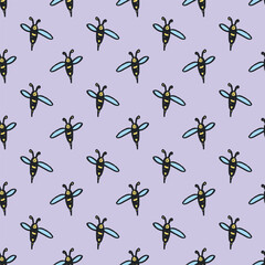 Fototapeta premium Seamless pattern with hand drawn happy funny cute honey bee Adorable flying striped insect friendly kawaii bumble bee For kids print, wrapping paper, packaging, fabric