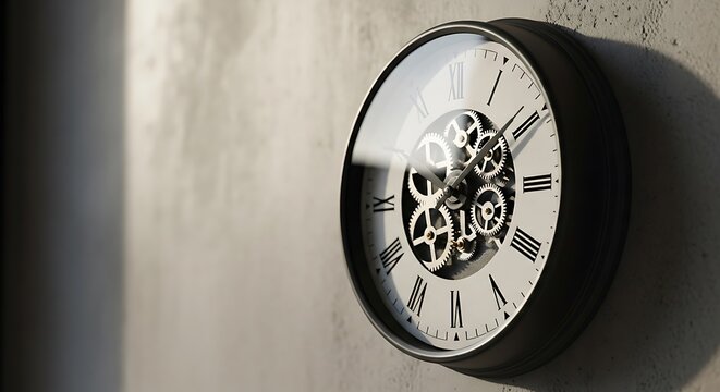 Vintage round analog wall clock with visible gears hanging on concrete wall